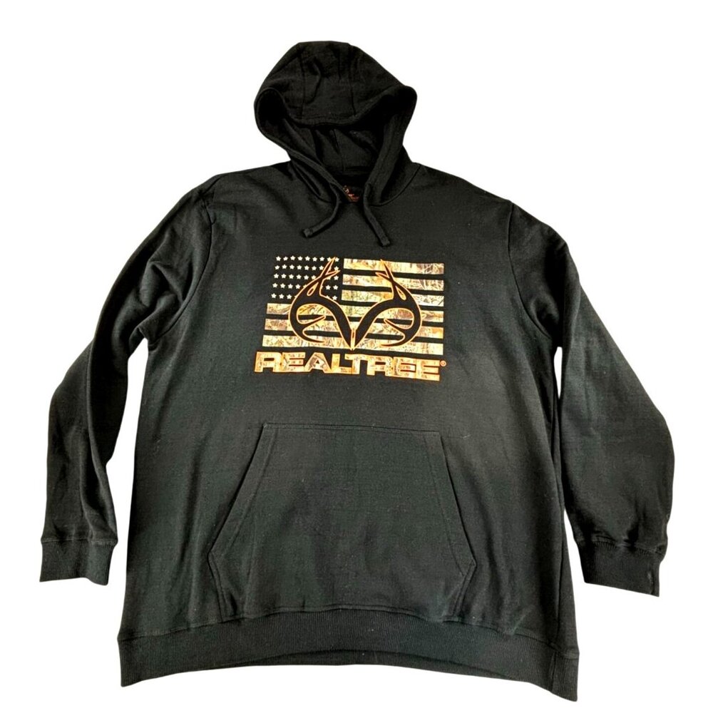 Realtree Fleece Hoodie Camouflage Flag Mens XXL Black Pullover Kangaroo Pocket